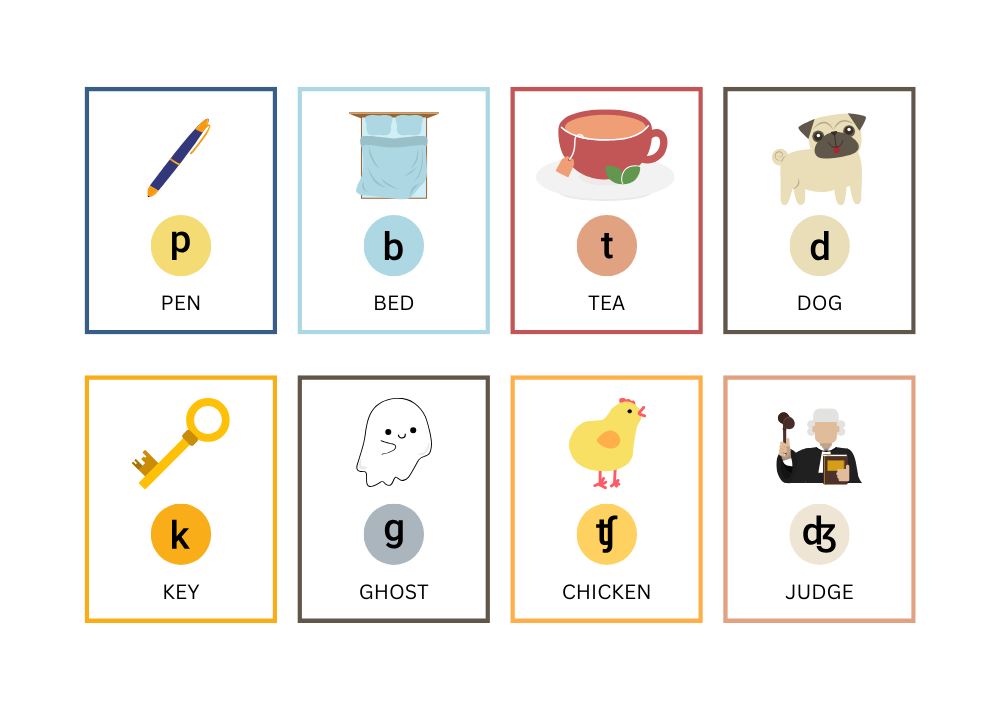 Карточки английских согласных звуков с примерами слов: p — pen, b — bed, t — tea, d — dog, k — key, g — ghost, ʧ — chicken, ʤ — judge