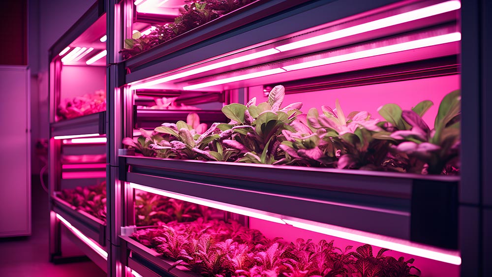 Indoor gardening setup with multiple shelves of seedlings illuminated by pink LED grow lights, emphasizing optimal light distance and coverage for healthy growth.