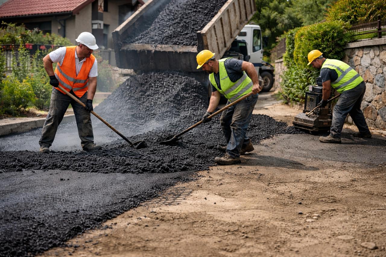 Процес на асфалтиране на двор в София – ръчно разстилане на горещ асфалт върху подготвена основа