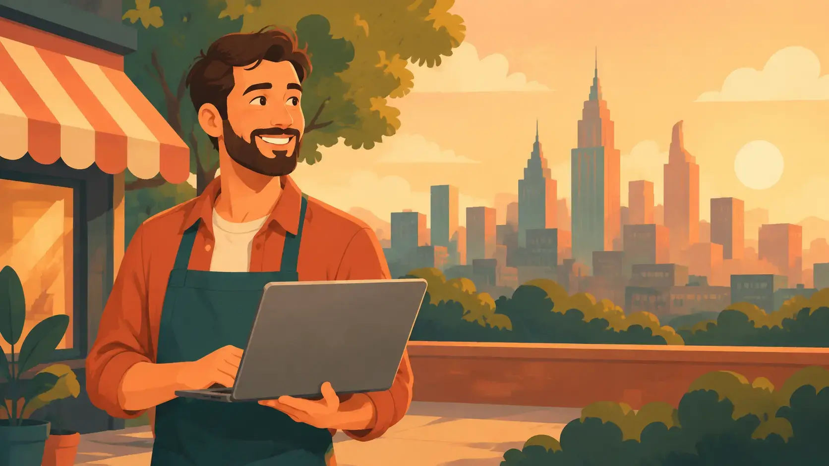 Local business owner with a laptop and city skyline, illustrating modern local SEO and geo domain strategy.