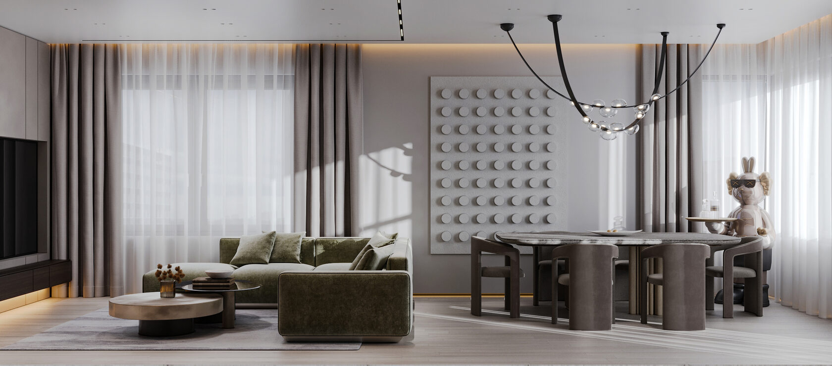 Дизайн интерьера кухни-гостиной холостяка с подвесной кухней, камином и кожаными акцентами