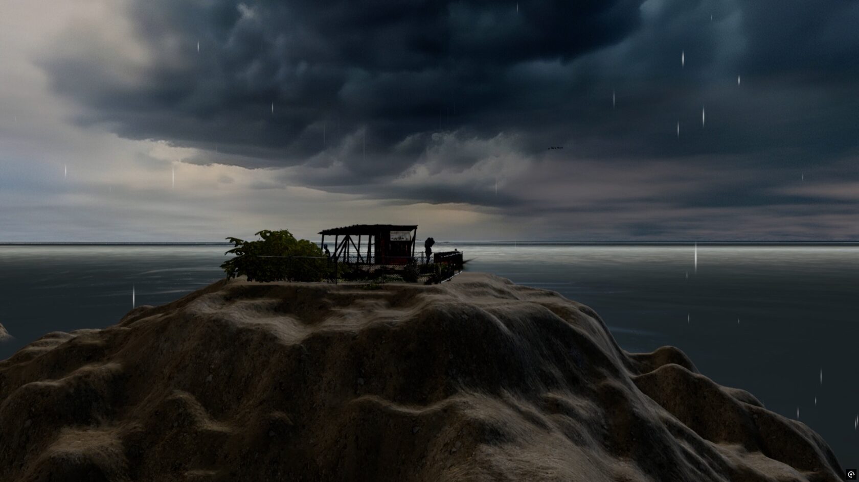 Warm light on the VISARUN kiosk and path beside the sea