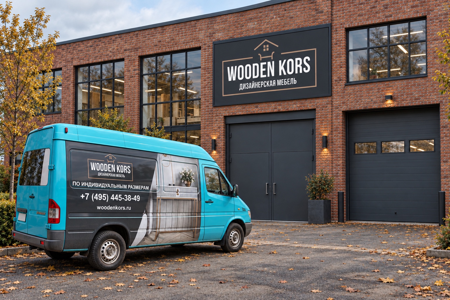 Визуализация производства Wooden Kors с фирменным автомобилем доставки