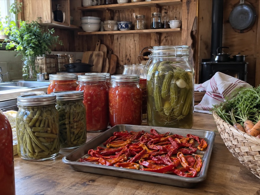 A counter of canned, dried, and fermented produce showing the best ways to preserve vegetables besides freezing