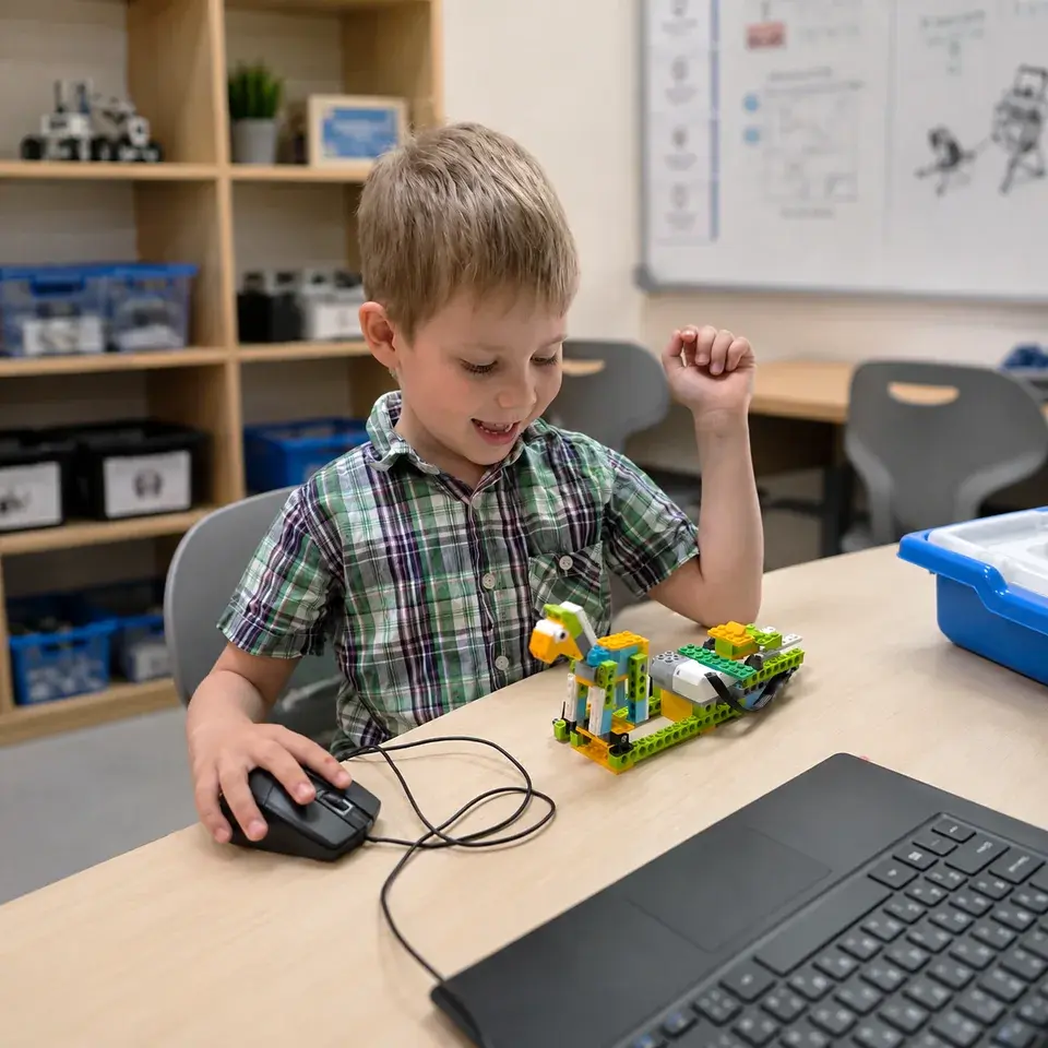 Ребёнок программирует собранную модель LEGO на занятии RoboCore