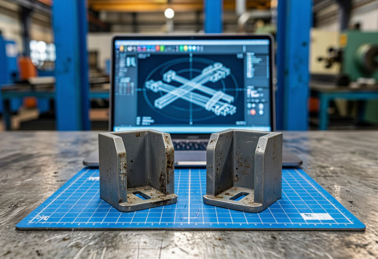 Пластиковая деталь, штангенциркуль и ноутбук с 3D-моделью на рабочем столе инженера