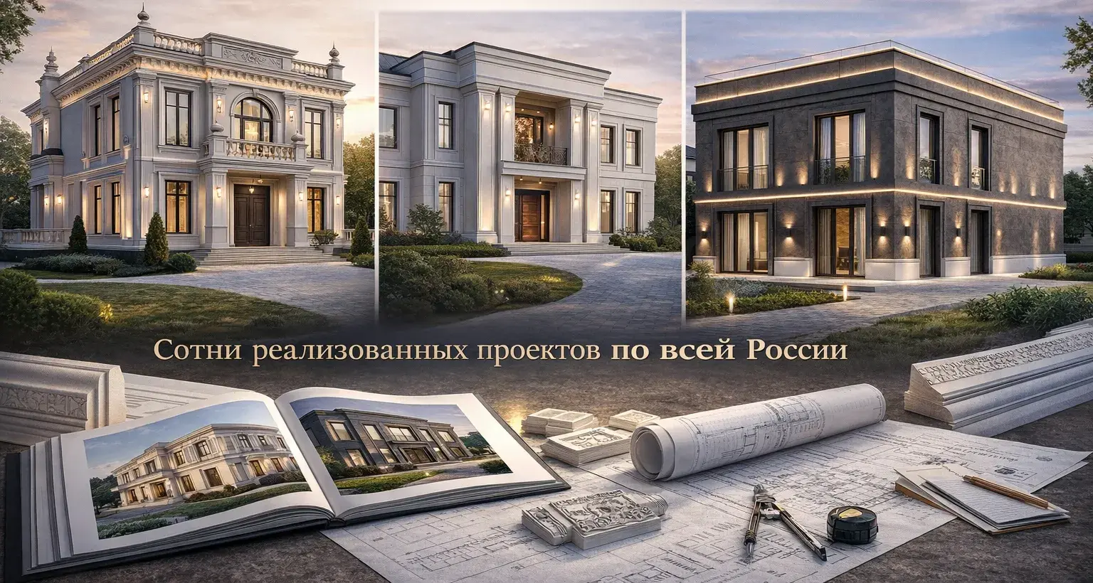 Фасадный декор домов от компании Архитек — примеры реализованных объектов в классическом и современном стиле, индивидуальные архитектурные решения для частных домов по всей России, хай-тек, минимализм и классика.