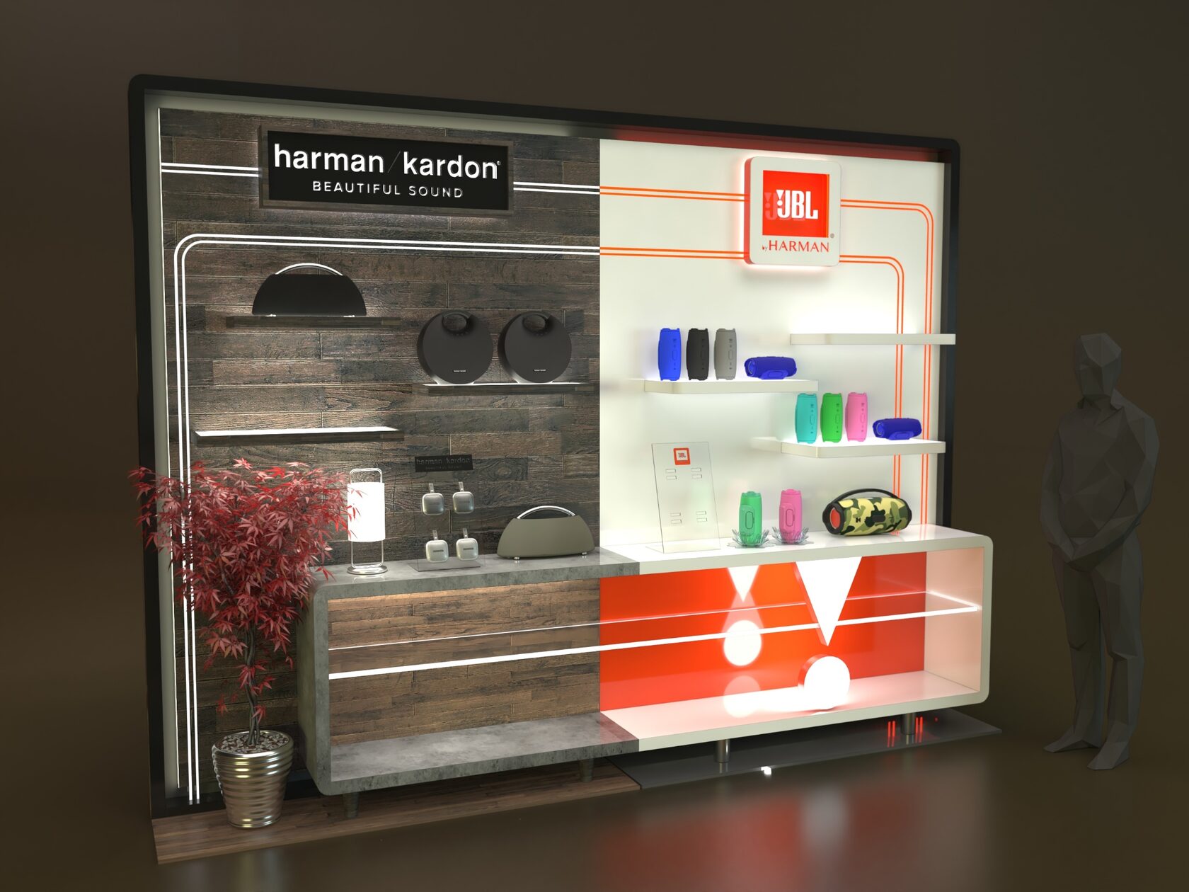 Совместное торговое оборудование Harman Kardon и JBL: древесная секция слева, светлая секция JBL справа, общий скруглённый контур
