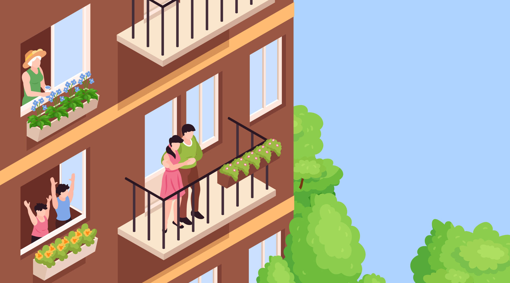 Balcony isometric. Баннер соседи. Balcony isometric photo. Neighbors illustration.