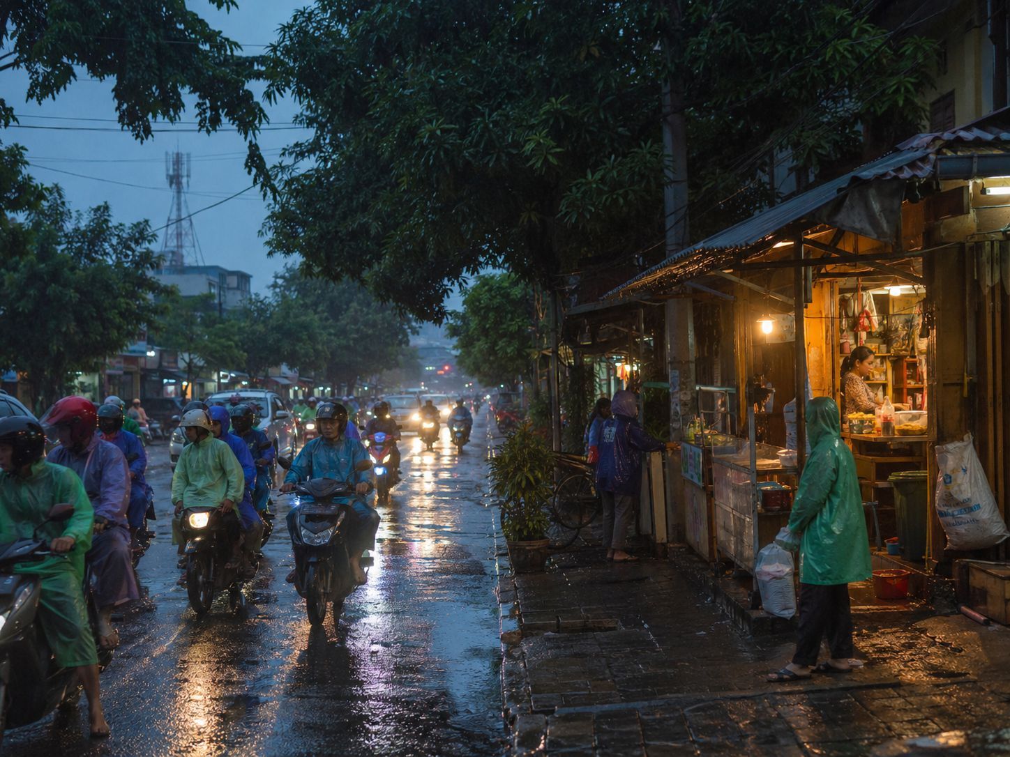 suasana hujan sore di kota Indonesia mengubah ritme harian
