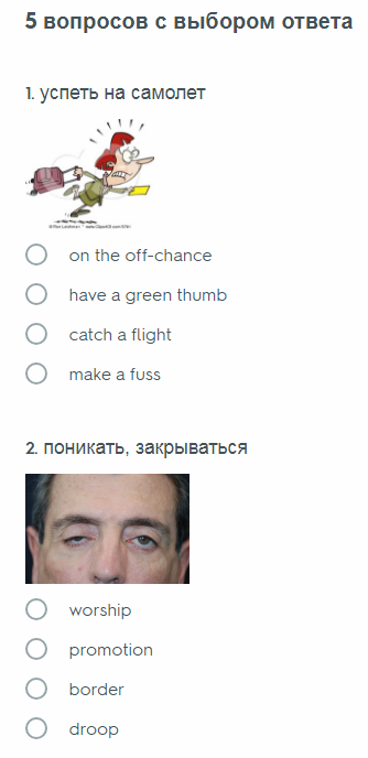 5 вопросов с выбором ответа в тесте в Quizlet