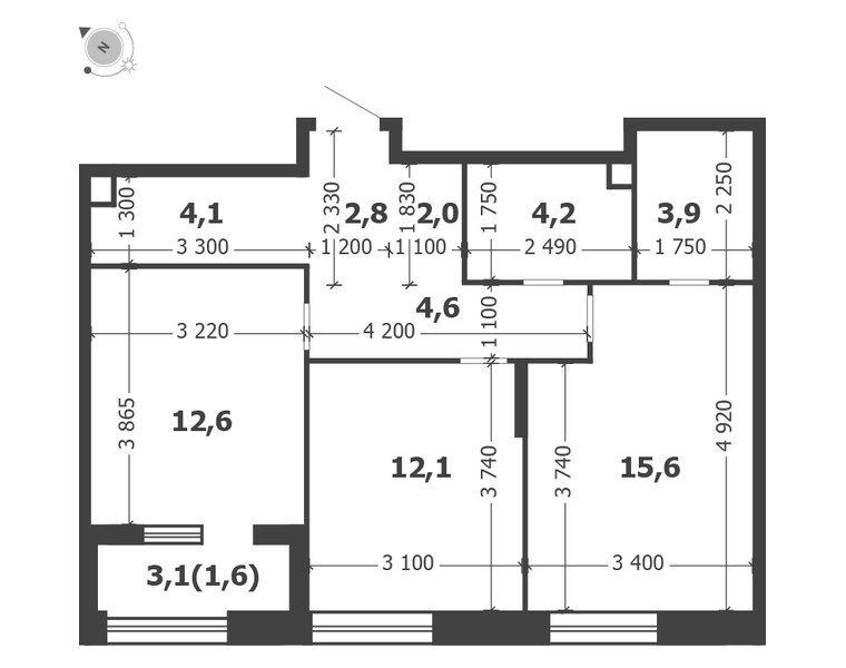 Планировка: 2-комнатная квартира 64,6 м² в ЖК «Шагал», корпус 9, 8-й этаж