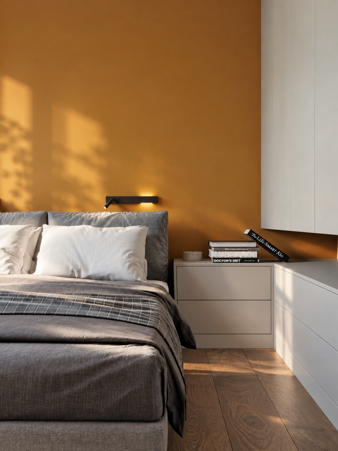 Chambre d’amis minimaliste avec un mur d’accent