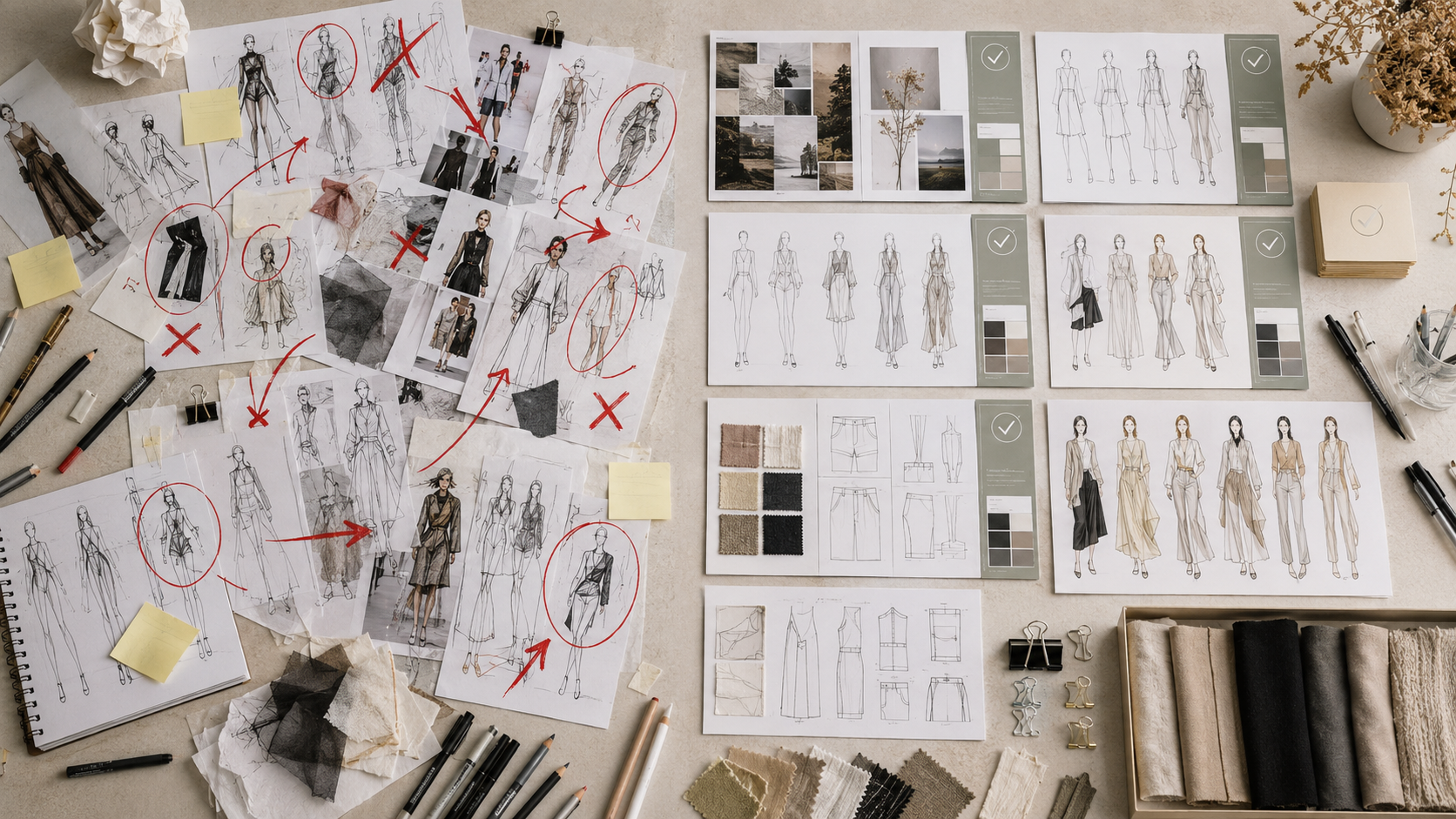 Fashion college portfolio mistakes checklist showing weak fashion sketches, missing research, unclear concept development, and corrected portfolio pages.