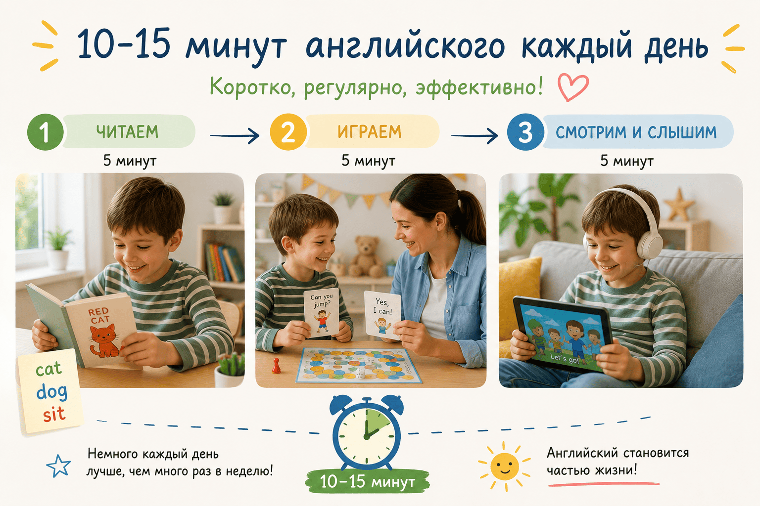 Короткие ежедневные занятия английским по 10–15 минут