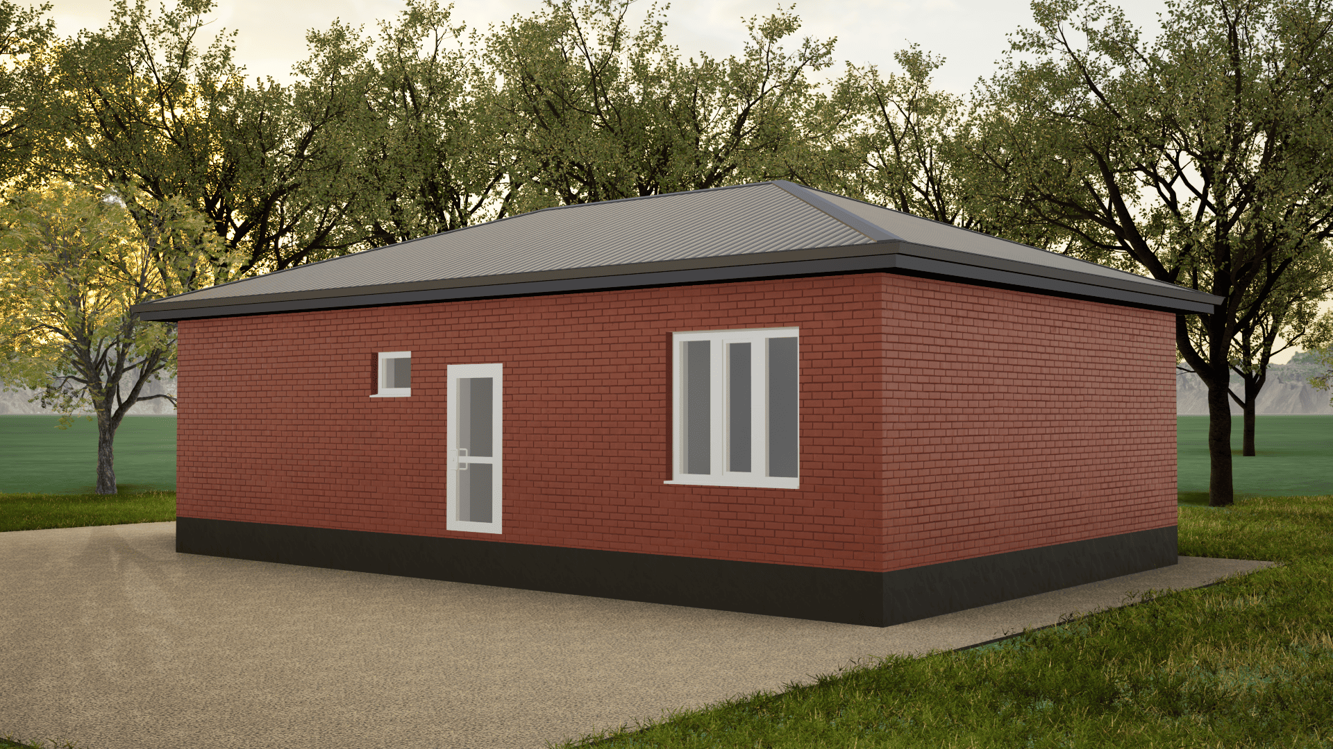 Одноэтажный дом в Ставрополе из красного кирпича с белыми окнами и темной крышей цвета серый графит