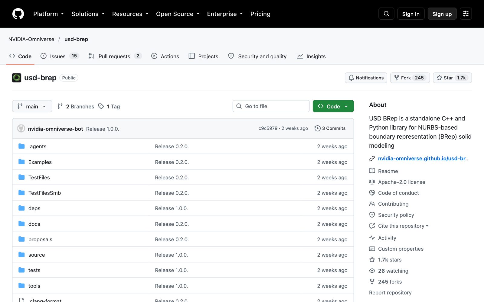 Screenshot of the NVIDIA-Omniverse usd-brep repository on GitHub, described as a standalone C++ and Python library for NURBS-based boundary representation (BRep) solid modeling under the Apache 2.0 licence