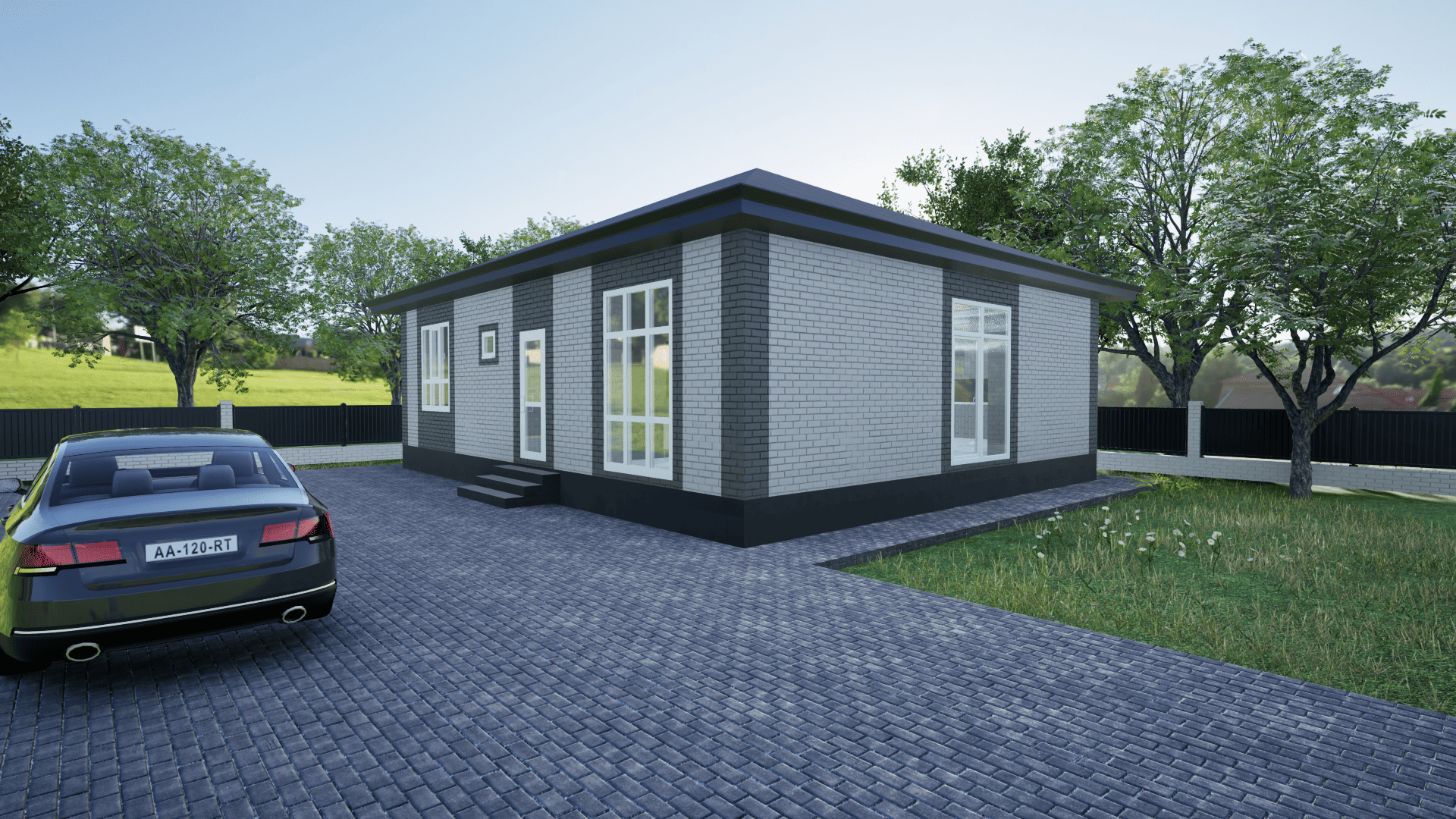 Одноэтажный дом в Ставрополе с комбинированным фасадом из белого и темно-серого кирпича и темной крышей цвета серый графит