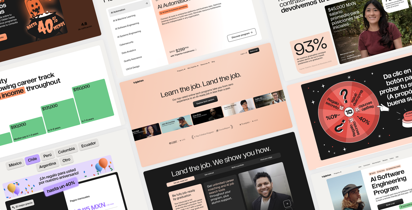 Collage of TripleTen program, pricing, and career-outcome screens across the USA and Latin America