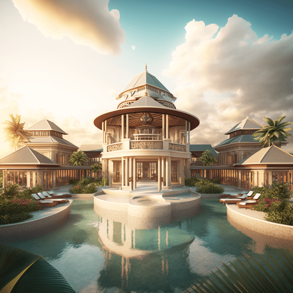 A detailed, photorealistic rendering of a luxury resort, created with KeyShot's intuitive tools