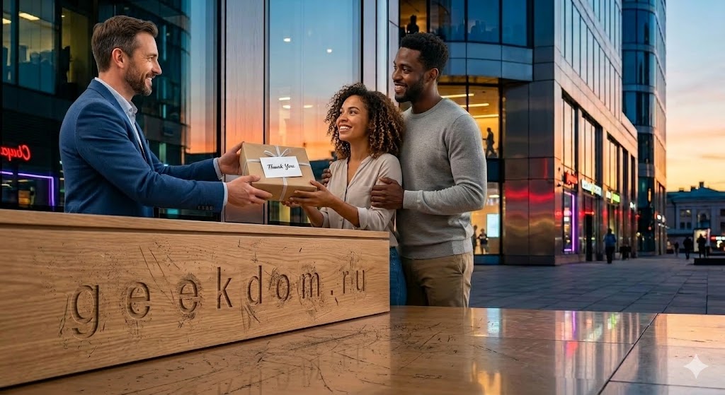 Процесс вручения дисконтной карты и сувенира клиенту на кассе в магазине.