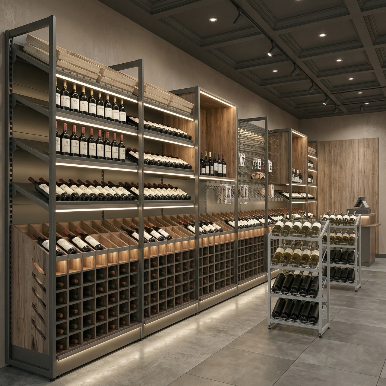 Современные торговые стеллажи для вина и алкоголя в интерьере винотеки: стильное хранение и презентация бутылок.