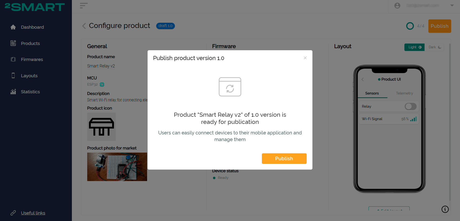 Product publication confirmation screen