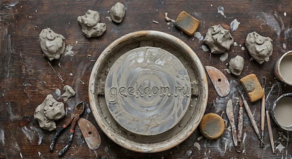 абочее место гончара с глиной и инструментами