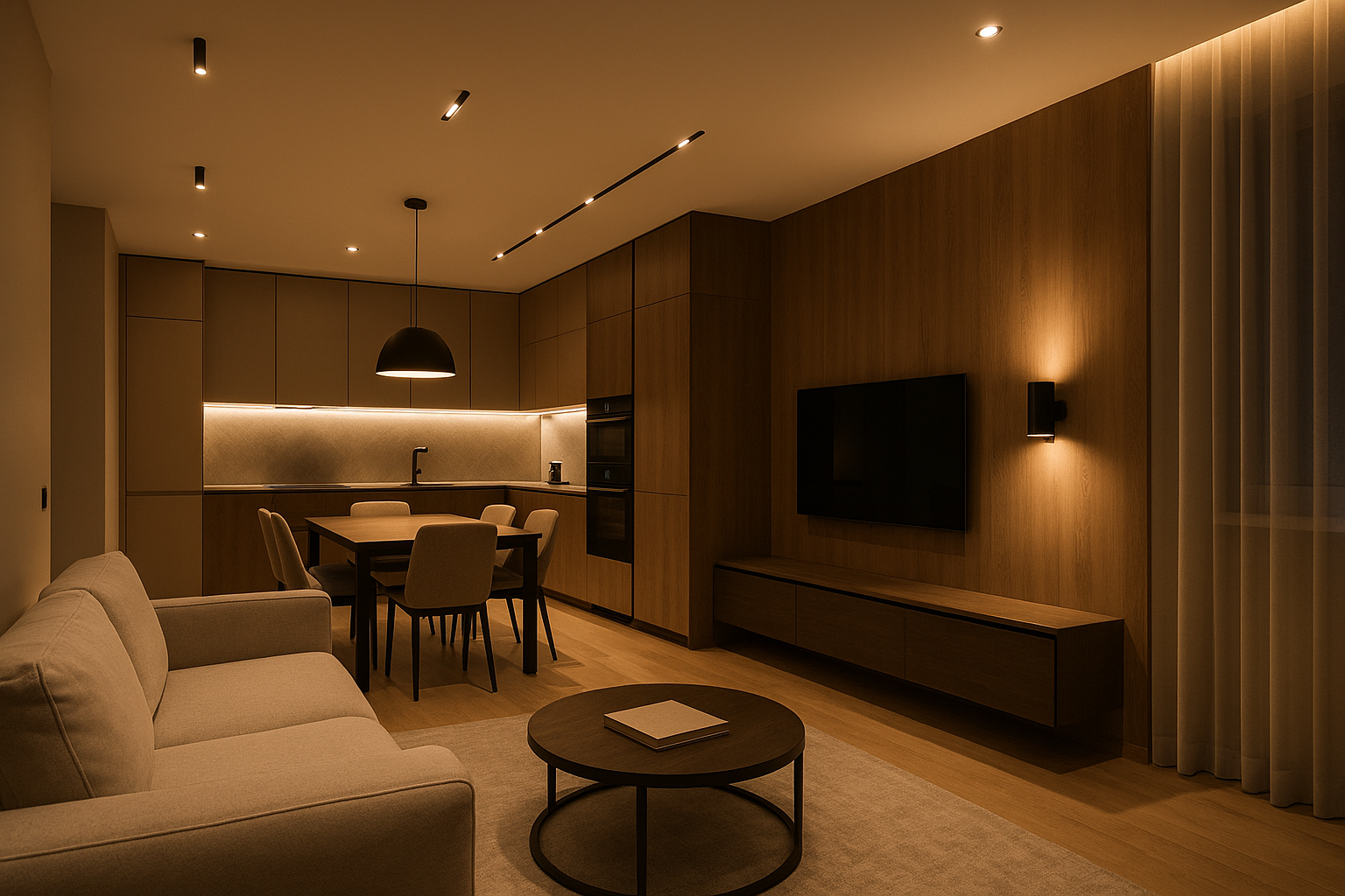 Современная кухня-гостиная с продуманным освещением, один из проектов студии Struktura.