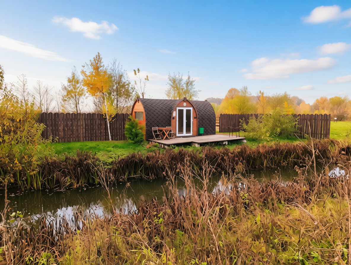Bungalow on the river bank with its own terrace at Ostrov Glamping