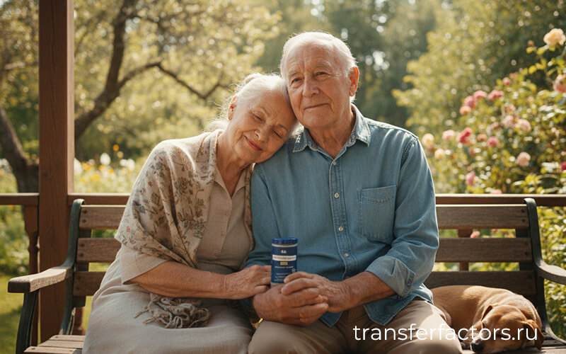 4Life Transfer Factor: как выбрать витамины для иммунитета взрослым — пожилая пара сидит на скамейке в солнечном парке