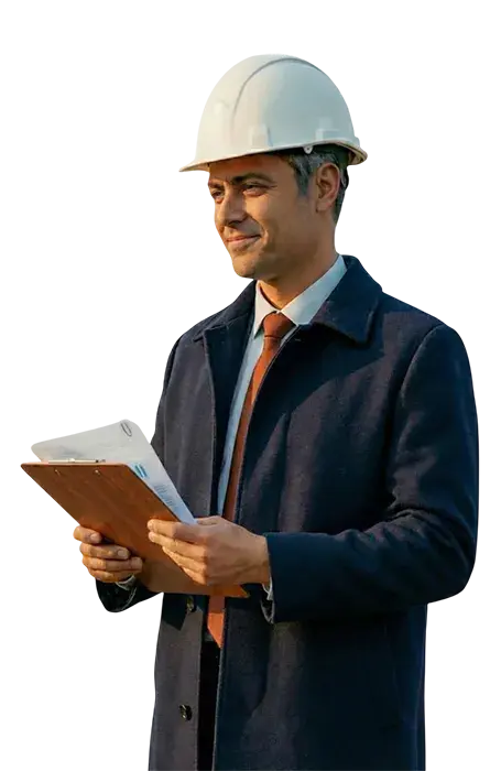 Снабженец строительной компании в белой каске и пальто держит планшет с документами для контроля поставки материалов