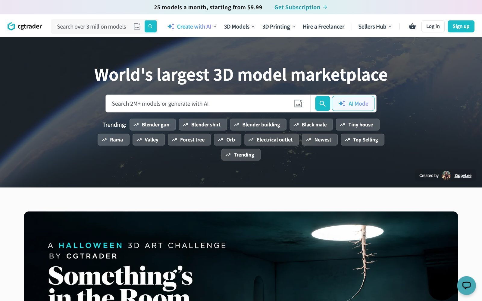 Screenshot of the CGTrader homepage with the headline World's largest 3D model marketplace, a model search bar and trending searches such as Blender gun and Blender building