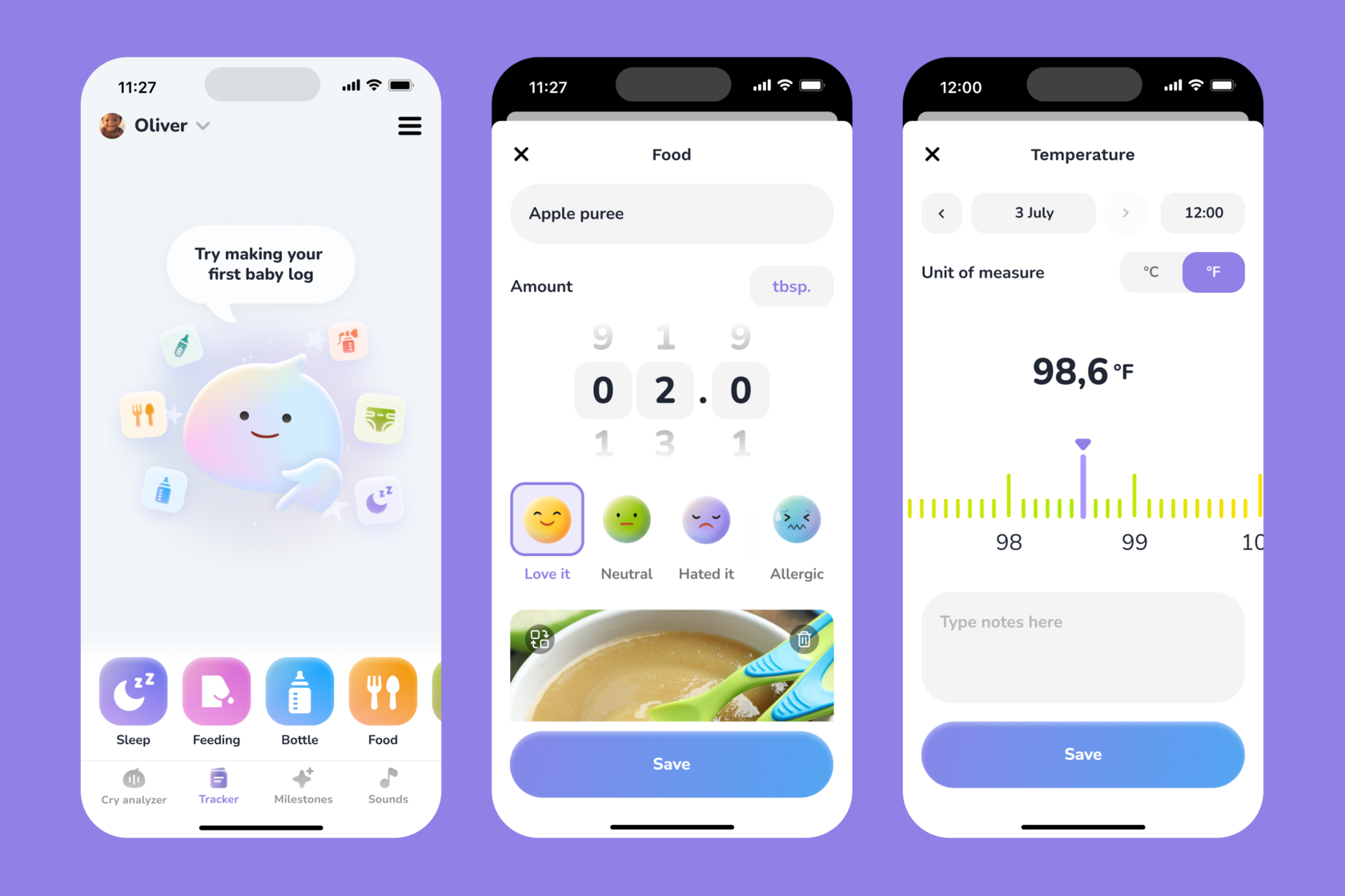 Feeding tracking screens in AYA app with volume, time, and baby’s reaction recorded.