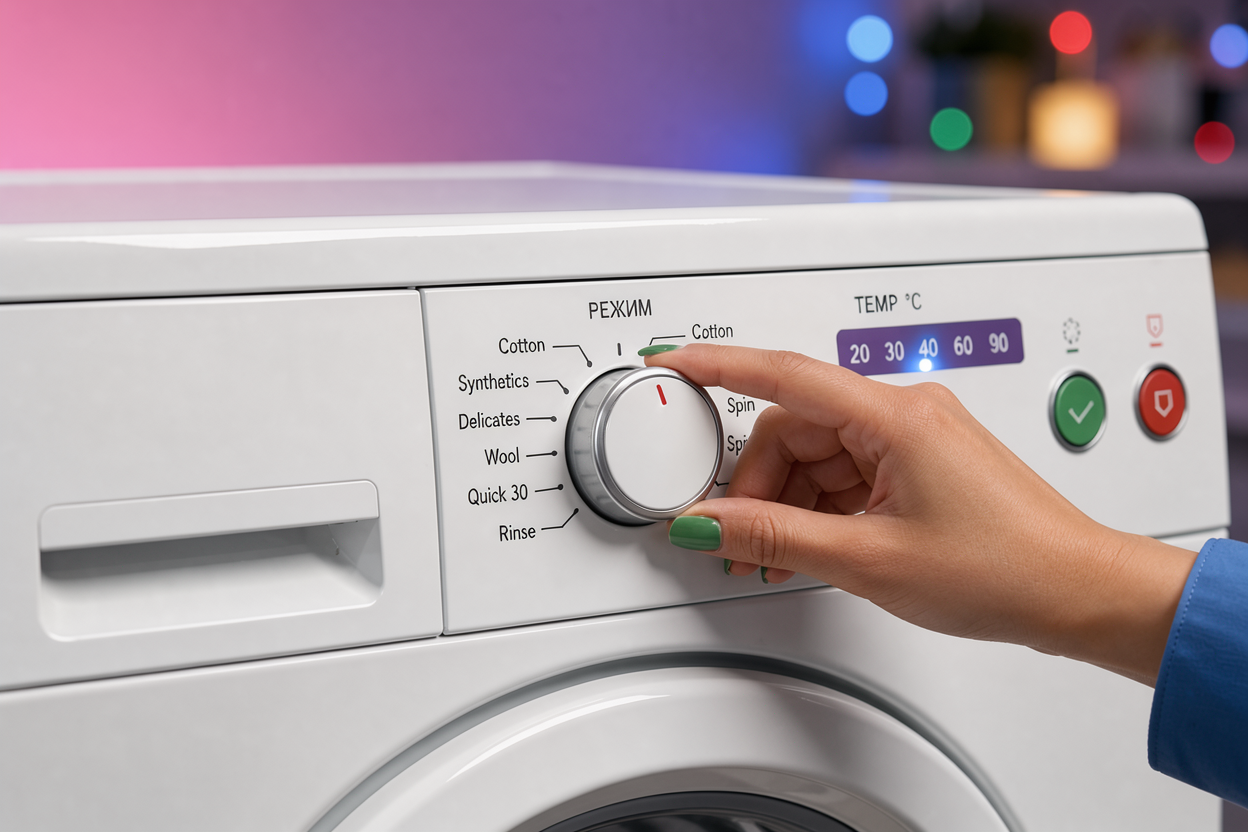 Close-up of a washing machine control panel showing program dial and temperature settings, with a hand selecting an appropriate режим, no branded products visible