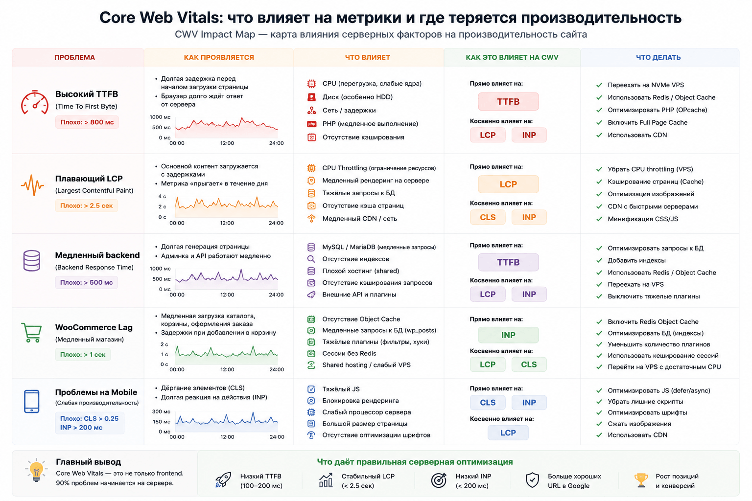 Core Web Vitals impact map: как TTFB, backend, WooCommerce lag, CPU throttling и VPS влияют на LCP, CLS и INP в WordPress и Bitrix