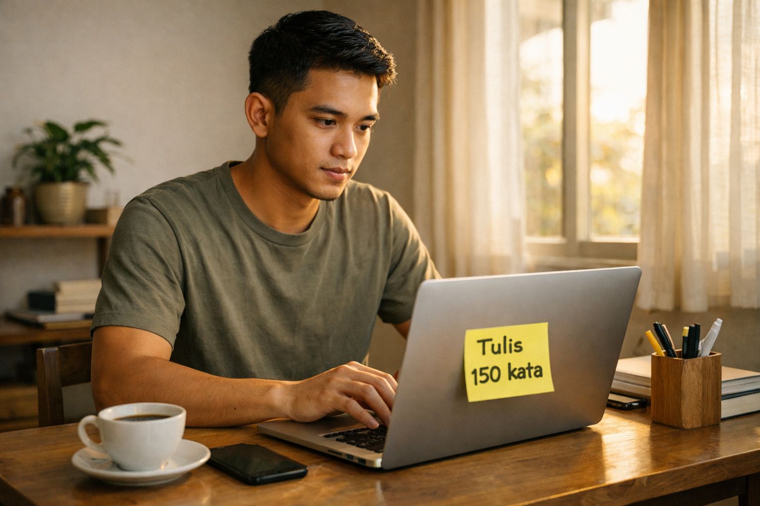 Pria bekerja di laptop dengan target tugas jelas “Tulis 150 kata” sebagai cara fokus belajar dan kerja selama 30 menit