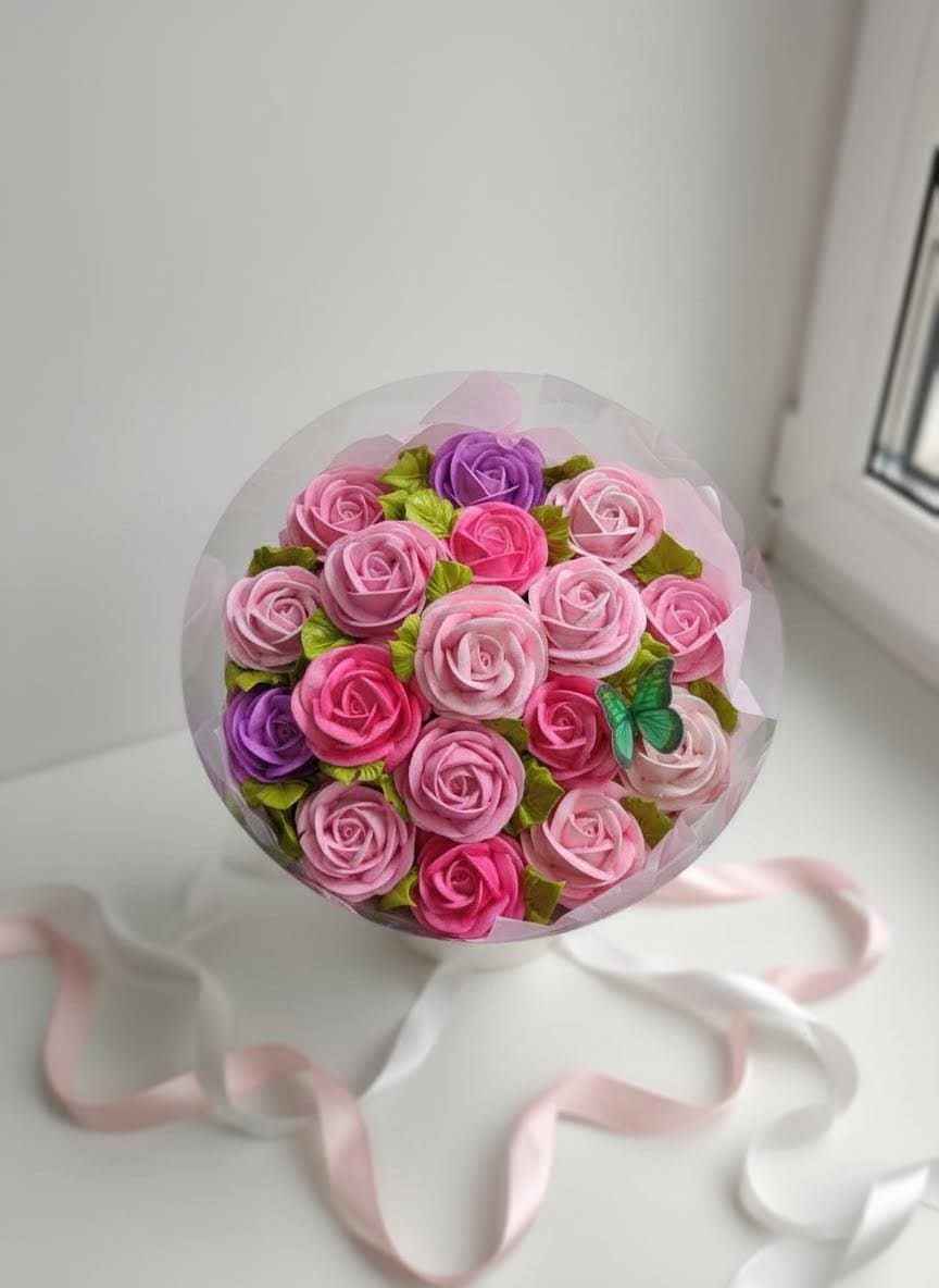 Художественные цветы из зефира в коробке аквариум, диаметр 25 см 1