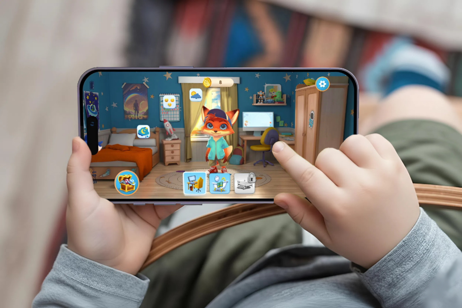 First Gadget app interface showing Kevin the Fox character guiding child through interactive morning routine quest with mission completion rewards.