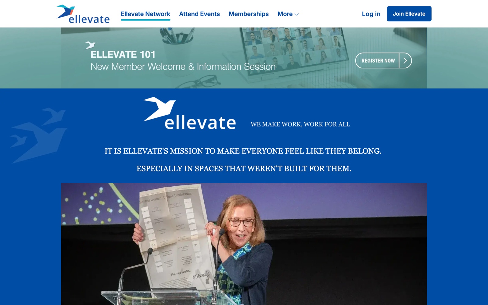 Ellevate Network homepage screenshot: community for professional women