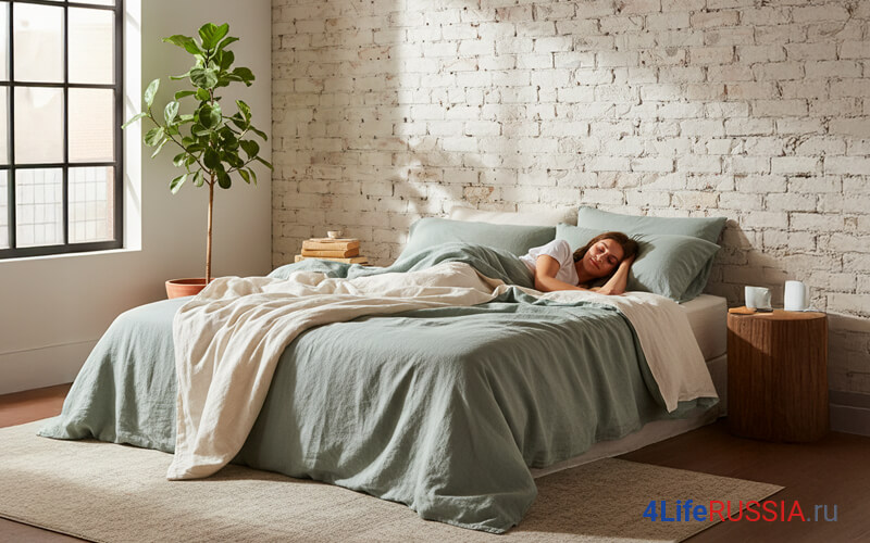 Женщина спит в светлой спальне у окна — недосып влияет на ясность