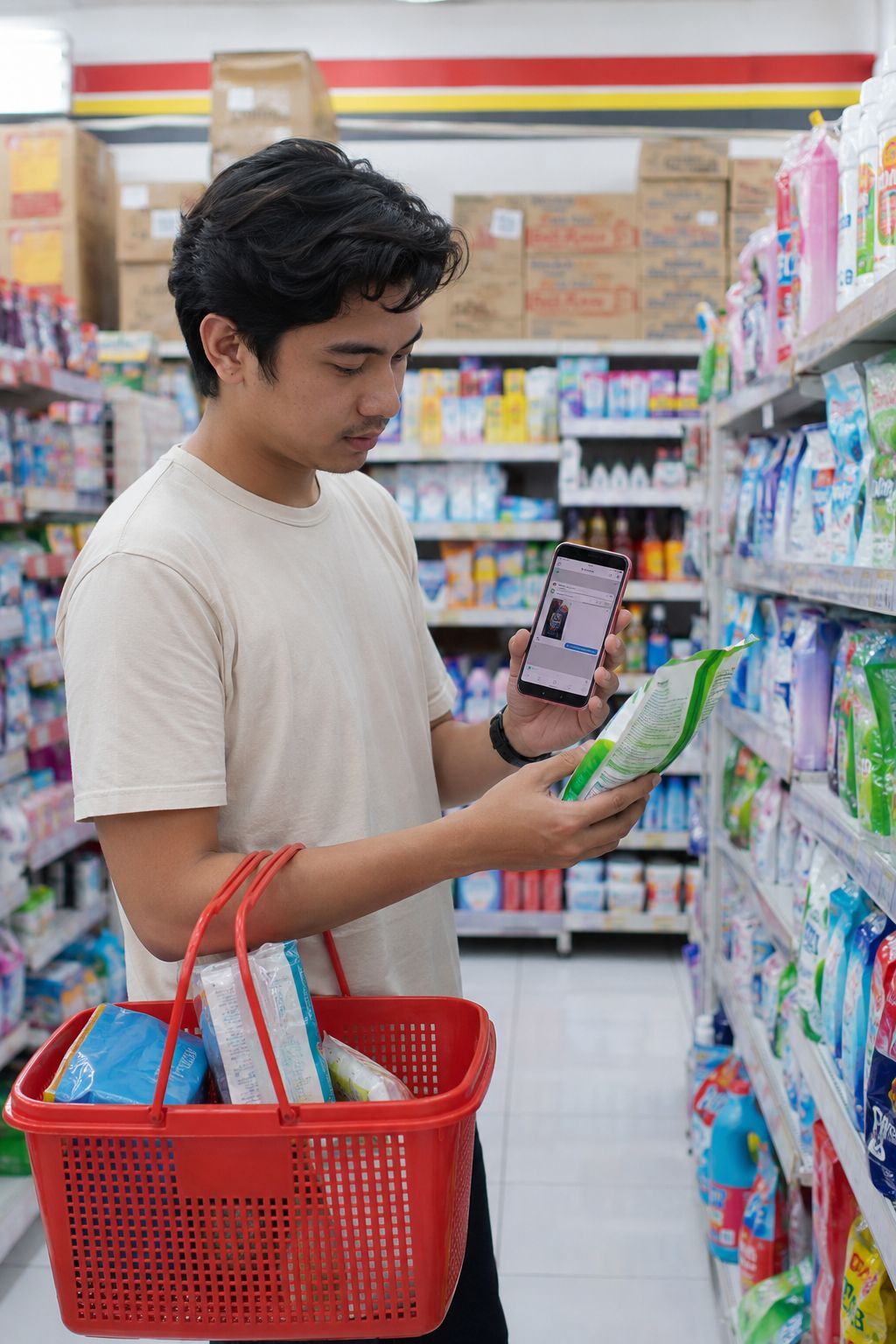 Pembeli mengonfirmasi pilihan barang titipan melalui ponsel di minimarket Indonesia