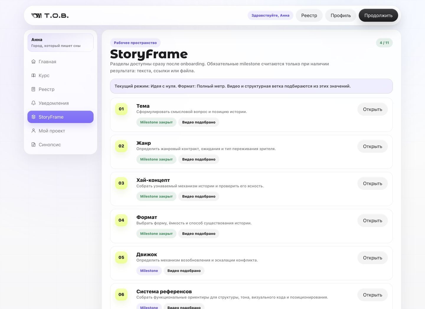 Экран StoryFrame с разделами сценарной разработки