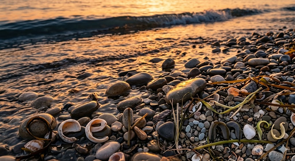 Галечный пляж Черного моря на закате.