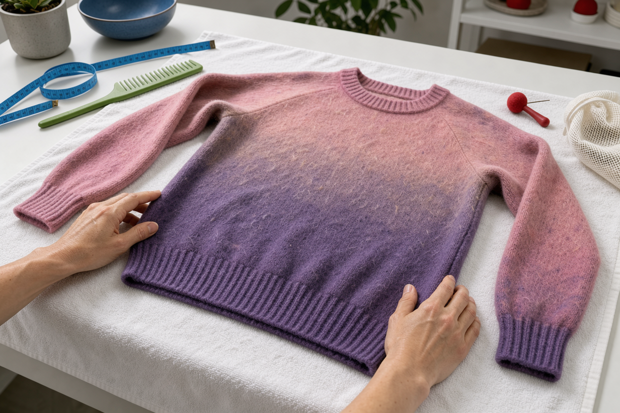 Wool sweater laid flat on a clean towel to dry, being reshaped by hands, avoiding direct sunlight and radiators