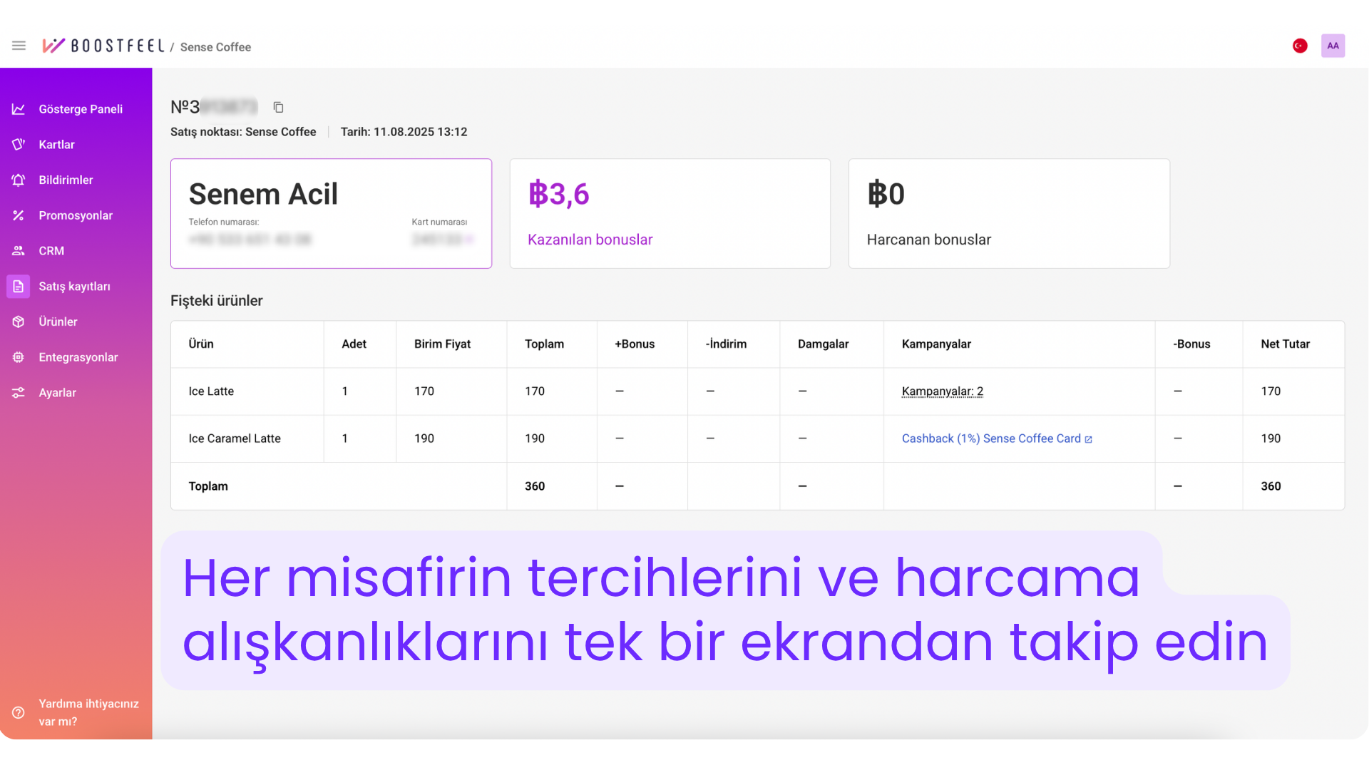 Boostfeel CRM panelinde müşteri harcama geçmişi ve sadakat programı bonus takibi
