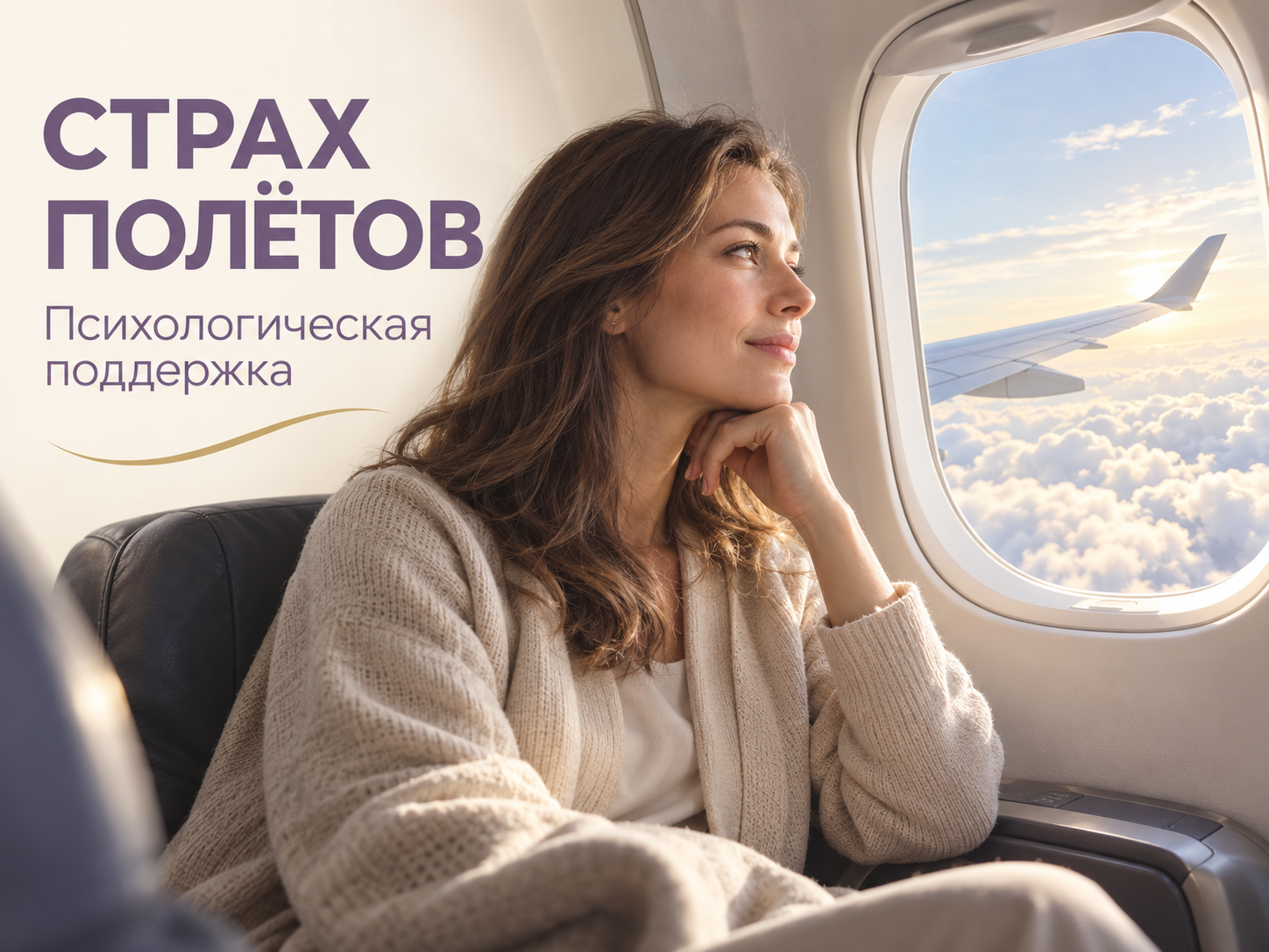 Страх полётов — психологическая поддержка, спокойная пассажирка у окна самолёта