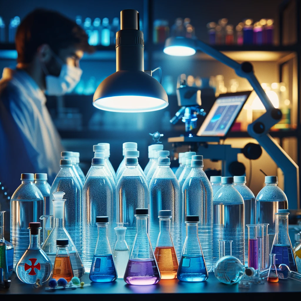 A laboratory setting showcasing a prominent display of distilled water bottles in the foreground. In the center, an ultraviolet lamp illuminates a small group of laboratory flasks containing colorful liquids, symbolizing various chemical reagents used in an experiment. In the background, a lab assistant, partially visible, is carefully monitoring the process, checking data on a computer. The scene conveys the atmosphere of scientific research and the meticulous attention to detail necessary for a successful experiment. The main focus is on the everyday objects: water bottles, UV light, and flasks, representing the integral but indirect connection to the primary objects of the study.