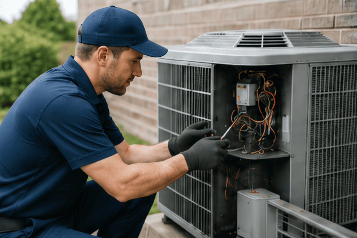 Technician repairing an air conditioner