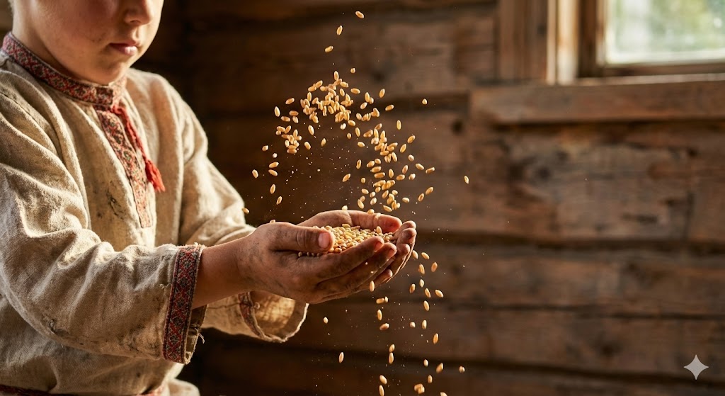Обряд посевания на Старый Новый год, мальчик рассыпает зерно.